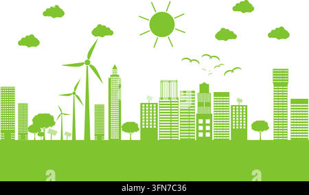 Eco city vector banner featuring green sustainable urban landscape with buildings, wind turbines, solar panels, trees, sun, clouds, and birds. Stock Vector
