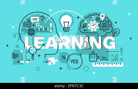 Learning vector banner and education infographic featuring thin line icons, typography, human brains, lightbulb, gears, flask, and knowledge symbols. Stock Vector