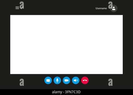 Video conference call interface vector mockup featuring a dark mode template with chat, microphone, video, audio, and end call control buttons. Stock Vector