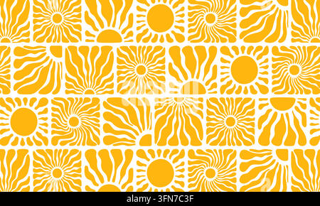 Abstract sun rays vector pattern featuring retro yellow and white square tiles with wavy sunburst designs and glowing sunshine graphics. Stock Vector