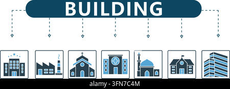 Building vector infographic featuring blue and black flat architecture icons for hotels, factories, churches, hospitals, mosques, schools, and offices Stock Vector