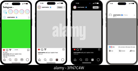 Social media post mockups vector set featuring blank mobile app interface templates for Instagram and feeds with light and dark mode layouts. Stock Vector