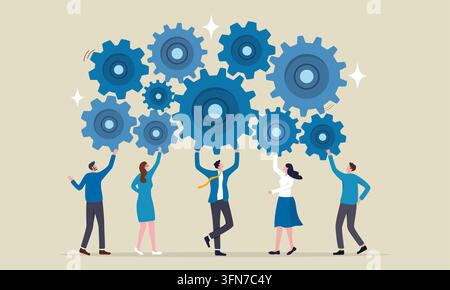 Teamwork and business success vector illustration featuring office workers lifting a large mechanism of interlocking blue gears together. Stock Vector