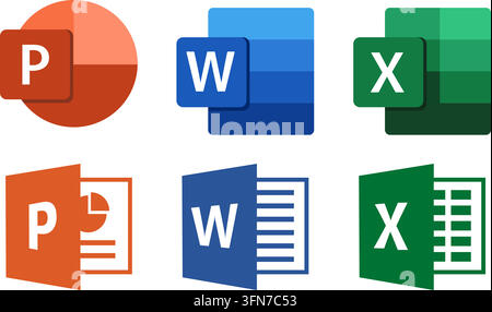 Office software icons vector set featuring flat PowerPoint, Word, and Excel application logos and document symbols in orange, blue, and green. Stock Vector