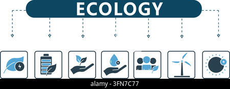 Ecology vector infographic featuring blue and black flat environmental icons for green energy, sustainable power, water conservation, and nature. Stock Vector