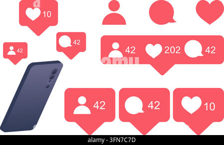 Social media engagement vector infographic featuring a smartphone and pink notification bubbles with follower, heart, and comment counter icons. Stock Vector