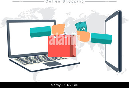 Online shopping vector infographic featuring corporate hands exchanging a red shopping bag and money between a laptop and tablet over a world map. Stock Vector
