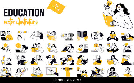 Education vector illustrations infographic featuring a collection of black and yellow line art scenes depicting students, reading, and learning. Stock Vector