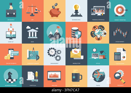 Business and finance vector infographic featuring a comprehensive grid of twenty-four flat conceptual icons for job search, law, startup, and data. Stock Vector