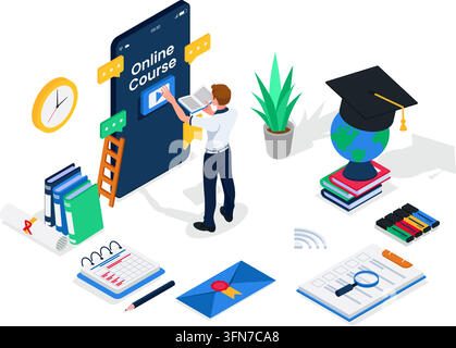 Online course vector infographic featuring an isometric student interacting with a giant smartphone screen surrounded by books, graduation cap, and to Stock Vector