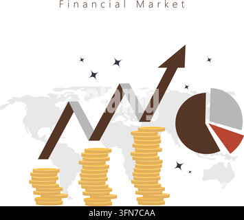 Financial market vector infographic featuring an upward-trending growth chart, stacks of gold coins, and a pie chart over a world map background. Stock Vector