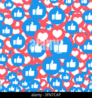 Social media vector infographic featuring a vibrant background pattern of overlapping blue thumbs up icons and red heart symbols. Stock Vector