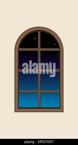 Minimalist vector illustration of a brown arched window looking out onto a starry night sky. Stock Vector