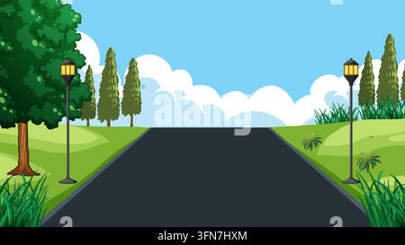 Vector illustration of a clean asphalt road winding through a sunny park with street lamps. Stock Vector