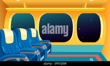 Vector illustration of a sci-fi spacecraft cabin featuring blue seats and starry night sky windows. Stock Vector