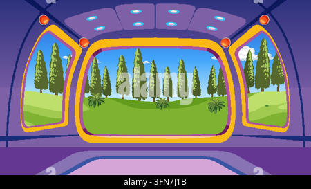 Futuristic spaceship cockpit interior looking out large windows at a bright green pine forest. Stock Vector