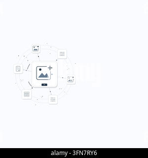 Generative AI creative tools with connected technology symbols and editable geometric shapes. Open space on the right for a headline. Stock Vector