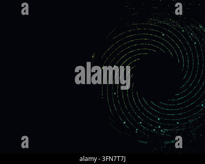 Concentric digital rings and fine circuit details form a spiral vortex on black. Editable vector artwork. Bright nodes accent the rings. Open left cop Stock Vector
