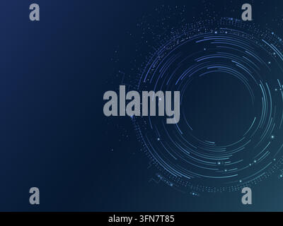 Concentric digital rings and fine circuit details form a circuit core on a dark color gradient. Editable vector artwork. Bright nodes accent the rings Stock Vector