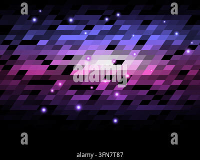Layered parallelogram tiles form luminous horizontal bands on a black background. Scattered luminous points accent the geometric surface. Stock Vector