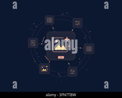 Generative AI creative tools with connected technology symbols and editable geometric shapes. Stock Vector