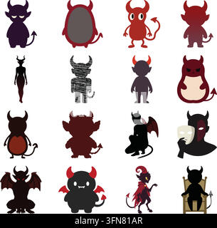 A dark fantasy illustration collection featuring various horned demon and devil characters in different poses and styles, including cute imps, shadowy Stock Vector