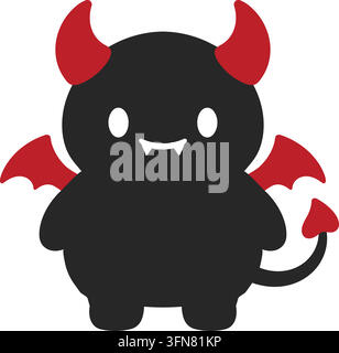 Flat illustration of a cute black chibi devil with bright red horns tiny bat wings white eyes small fangs and a heart tipped tail Stock Vector