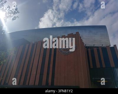 Sports and Architecture: Exterior View of Hill Dickinson Stadium at Bramley-Moore Dock Home of Everton Football Club in Liverpool, England Stock Photo