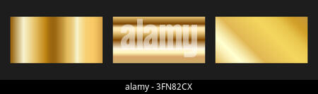 Set of three metallic gold gradient panels on black background. Vertical, horizontal, and diagonal reflective textures, perfect for luxury design Stock Vector