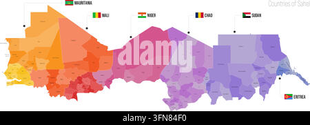 Countries of Sahel regional political map. Administrative divisions of Mauritania, Mali, Niger, Chad, Sudan, Eritrea Vector map isolated on white background with flags and country name labels. Stock Vector