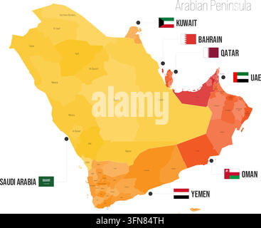 Arabian Peninsula regional political map. Saudi Arabia, Kuwait, Bahrain, Qatar, United Arab Emirates, Oman, Yemen Vector map isolated on white background with flags and country name labels. Stock Vector