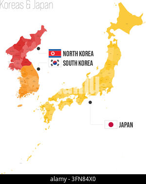 Koreas and Japan regional political map. Administrative divisions of North Korea, South Korea, Japan Vector map isolated on white background with flags and country name labels. Stock Vector