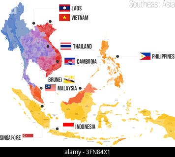 Southeast Asia political map. Laos, Vietnam, Thailand, Cambodia, Malaysia, Brunei, Singapore, Indonesia, Philippines Vector map isolated on white background with flags and country name labels. Stock Vector