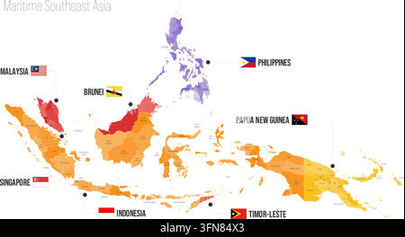 Maritime Southeast Asia political map. Malaysia, Singapore, Indonesia, Brunei, Philippines, East Timor, Papua New Guinea Vector map isolated on white background with flags and country name labels. Stock Vector