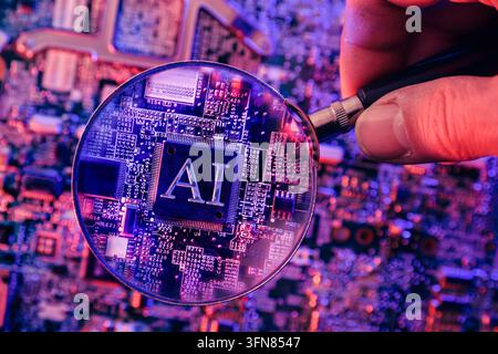 Detailed view of an AI-labeled microchip under a magnifying glass, representing artificial intelligence, advanced computing, and futuristic digital te Stock Photo