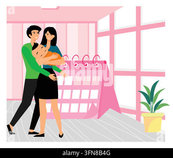 A family spending time together, emphasizing love, warmth, and parenthood in a bright, modern living space. Flat vector modern illustration Stock Vector