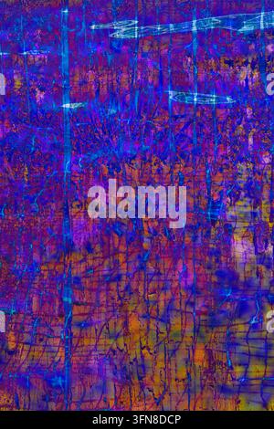 Vivid electric blue and purple scratched digital abstract pattern with glowing neon lines, futuristic technological design, sci-fi backdrop Stock Photo