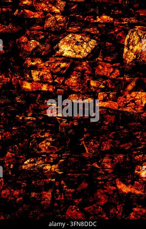 Fiery red and orange glowing abstract mineral or embers texture, resembling intense heat, volcanic rock, or molten surface, for dynamic backgrounds. Stock Photo