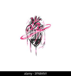 Anatomical Heart with Energy Rings, Pink and Black Hand Drawn Vector Illustration, Emotional Love and Passion Symbol in Modern Tattoo Style Stock Vector