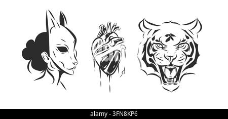 Japanese Fantasy Tattoo Set with Kitsune Mask Woman, Anatomical Heart and Roaring Tiger, Mystical Black Line Art Vector Collection Stock Vector