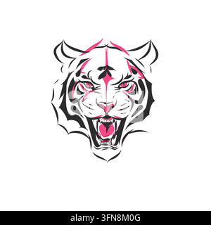 Roaring Tiger Head in Black and Pink, Fierce Wild Cat Hand Drawn Vector Illustration, Tattoo Style Animal Graphic Stock Vector