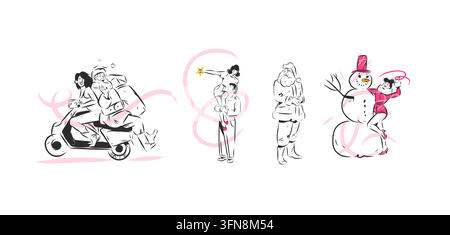 Christmas People and Santa Claus Vector Set, Hand Drawn Winter Holiday Characters with Happy Couple, Snowman and Scooter, Festive Seasonal Line Art Stock Vector