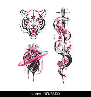 Japanese Tattoo Flash Set with Tiger, Anatomical Heart, Snake and Katana, Pink Black Mystical Japanese Style Vector Illustrations Stock Vector