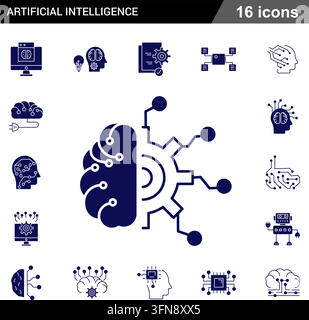 Artificial intelligence solid blue vector icon set featuring neural brain, machine learning, and digital automation. Stock Vector
