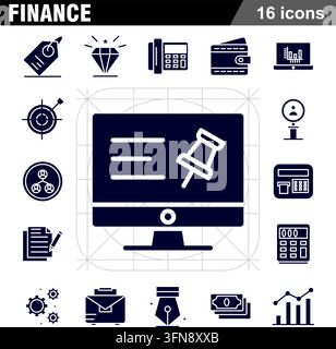 Finance solid blue vector icon set featuring business management, capital investment, and financial analytics Stock Vector