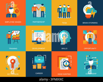 Human resources flat vector icon set featuring employee wages, business partnership, and team brainstorming Stock Vector