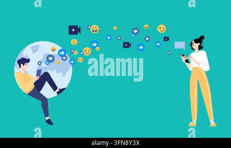 Social media flat vector illustration featuring global networking, online chat, and digital communication. Stock Vector