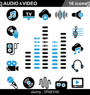 Audio and video black and blue vector icon set featuring sound equalizer, multimedia streaming, and entertainment production. Stock Vector