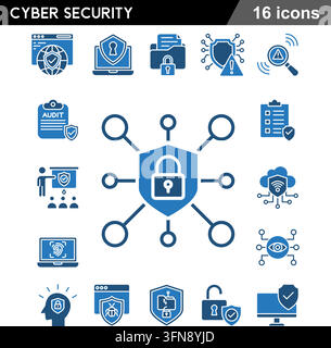 Cyber security blue vector icon set featuring data protection, digital safety, and network security. Stock Vector