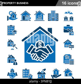 Property business blue vector icon set featuring real estate agreement, house purchase, and mortgage plan. Stock Vector